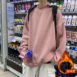 秋冬季半高领加绒卫衣男生ins潮牌纯色内搭打底衫冬装长袖上衣服图片