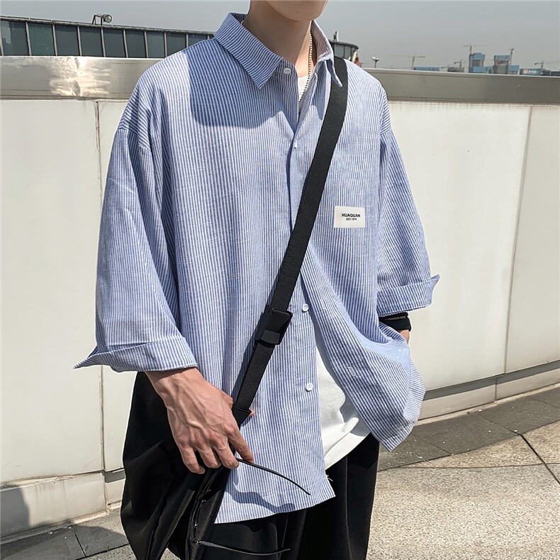 2026夏装新款条纹绣标短袖五分袖衬衫潮男衬衣CS8090/P40蓝色,男装T恤,电商A094