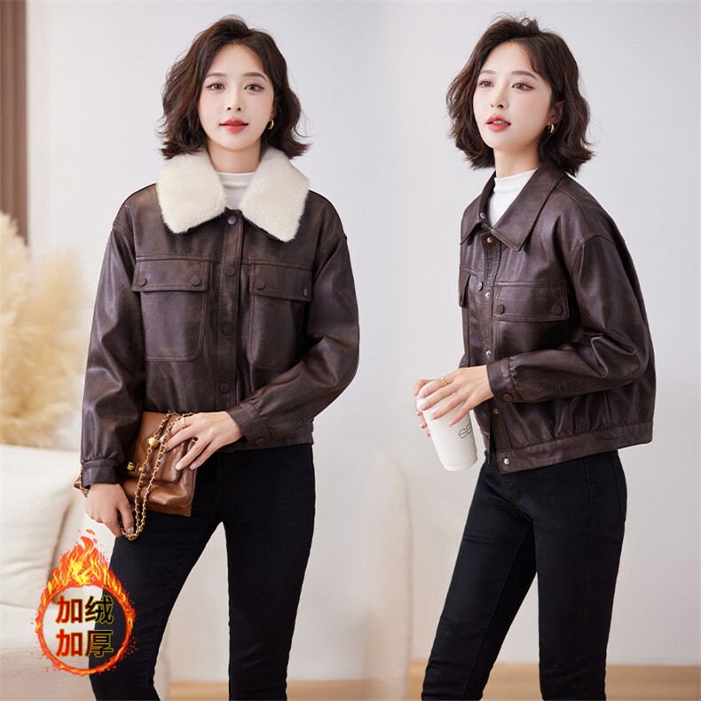 加绒皮衣外套女冬季港风复古机车皮夹克内里獭兔毛派克服短款上衣，女装皮衣，江南女神
