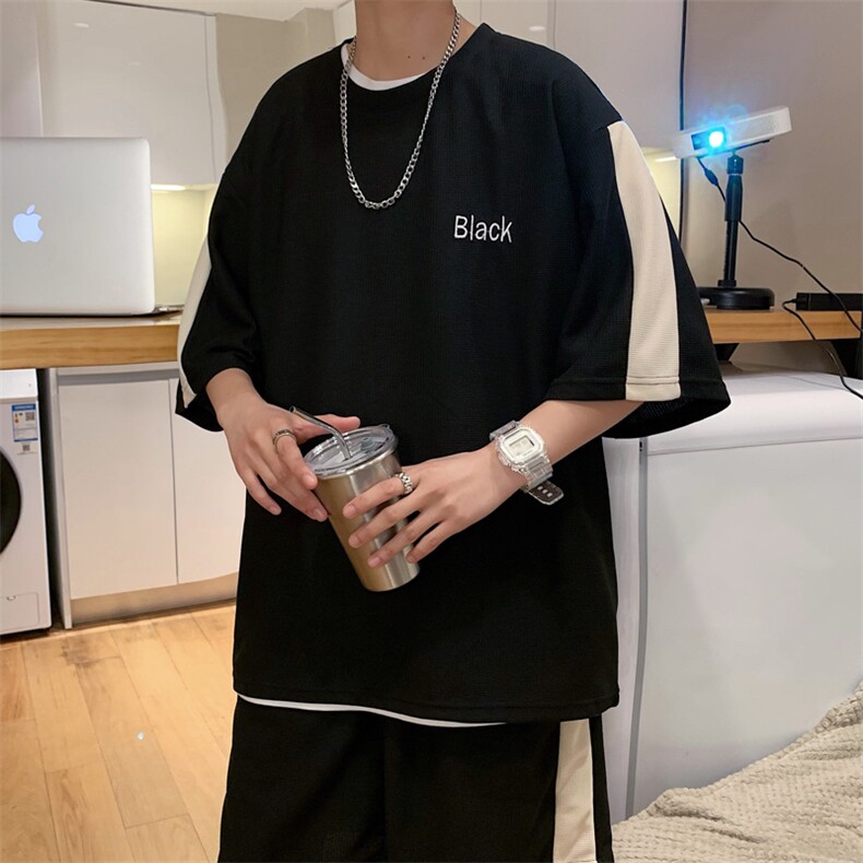 五分袖时尚华夫格套装文艺休闲短裤短袖两件套H90P40,男装休闲套装,星座1116-2