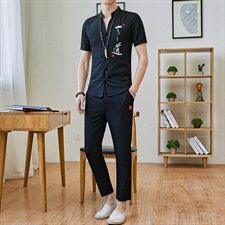 风套装男士短袖t恤2021夏季韩版潮流修身棉麻两件套DS66，男装T恤，星座509
