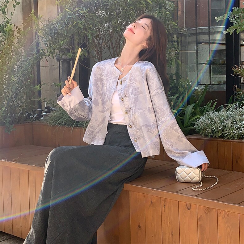 新中式高级感国风套装女2025秋新款气质优雅提花外套阔腿裤两件套图片