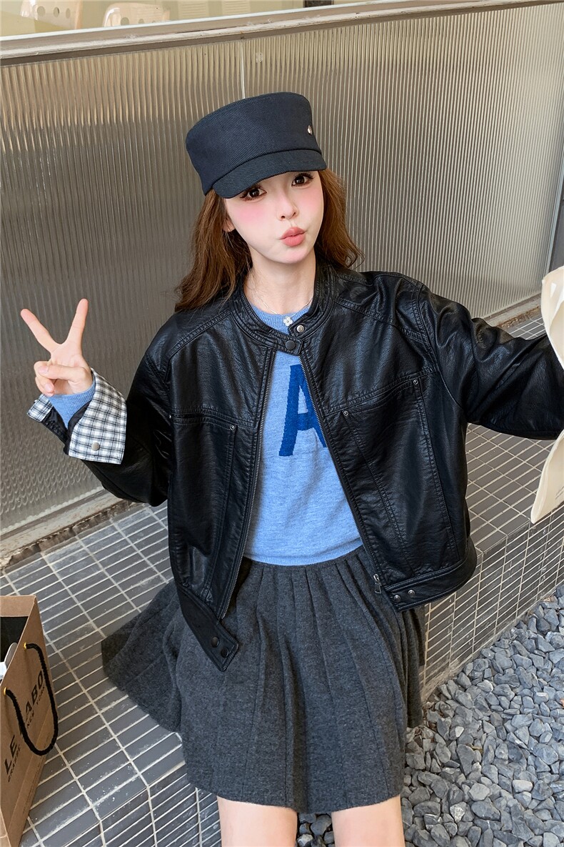 黑色复古短款皮衣女2025秋季新款甜酷风小个子高级感减龄机车夹克,女装短外套,2C326
