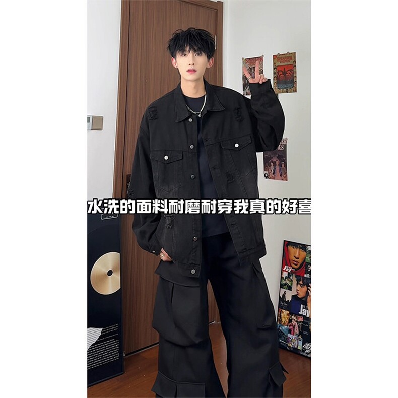 潮牌宽松高街慵懒风牛仔夹克韩版复古时尚破洞牛仔HY481TP60控98,男装夹克,电商A102B