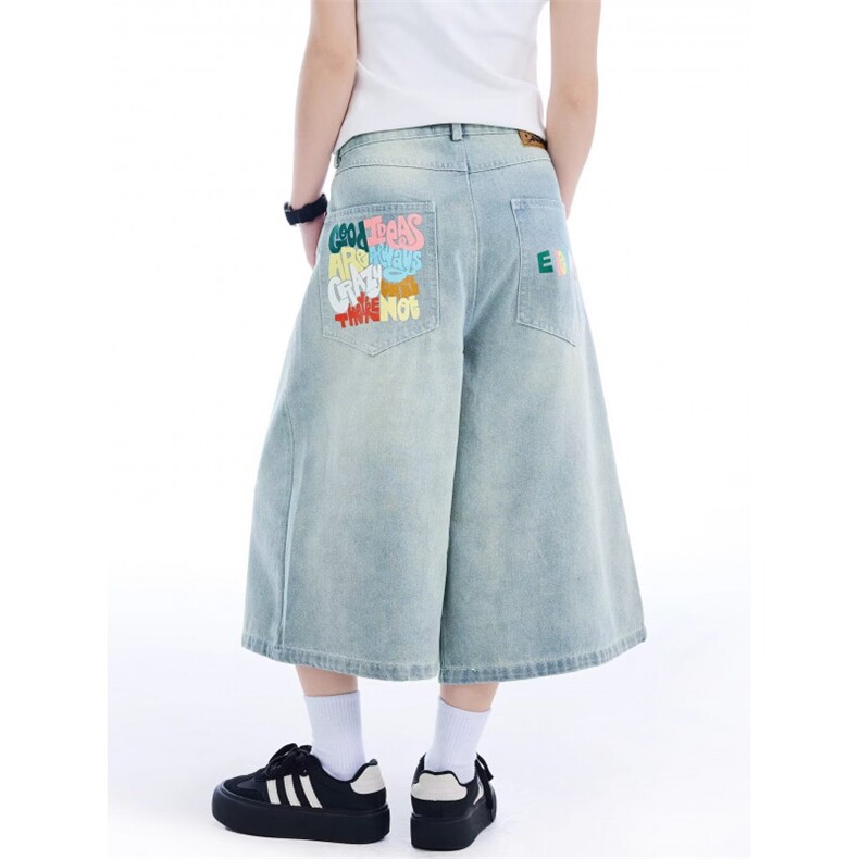 美式复古字母印花牛仔七分裤男女夏季高街宽松显瘦阔腿短裤潮，男装牛仔裤，星座410-6（原星座1304-1）