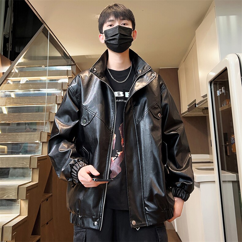 立领夹克男秋季宽松水洗皮衣潮茄克外套休闲A266-PY008-P75控138图片
