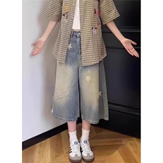 水洗浅蓝色星星印花牛仔中短裤女夏季高腰显瘦阔腿裤七分裤NF167，男装牛仔裤，星座1116A（原606A-3）