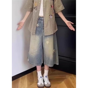 水洗浅蓝色星星印花牛仔中短裤女夏季高腰显瘦阔腿裤七分裤 NF167图片