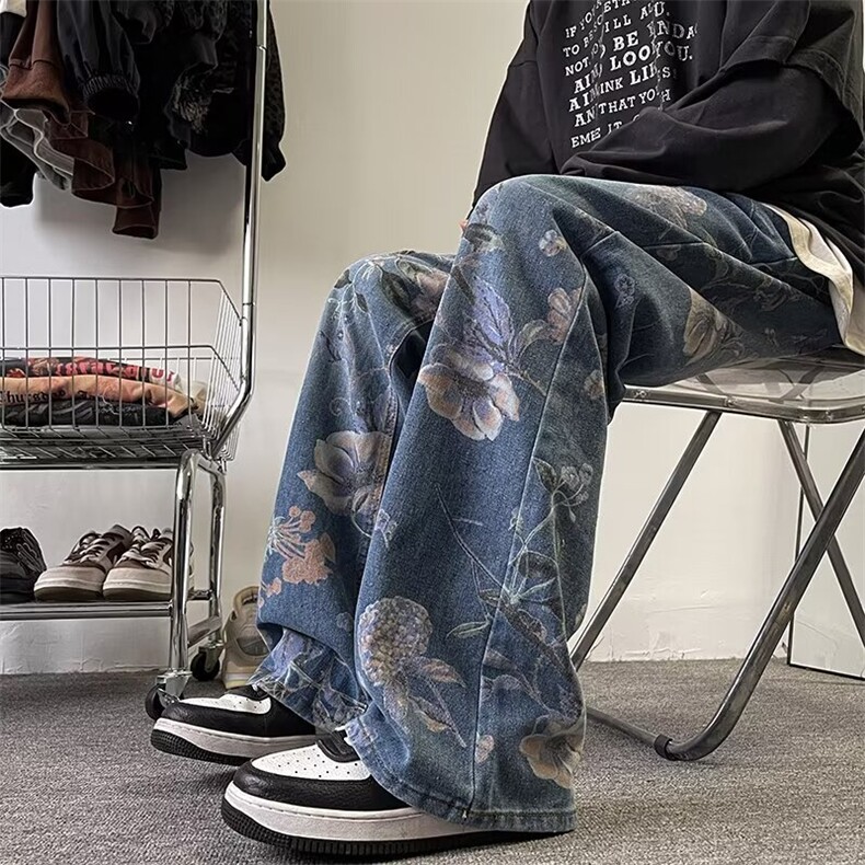 美式印花牛仔裤男春秋季潮牌嘻哈情侣裤子痞帅宽松阔腿拖地裤,男装牛仔裤,星座716-4