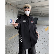 美式复古字母刺绣赛车风男女夏季小众设计情侣潮牌半袖衬衣，男装衬衫，星座505-2（原电商A260-1)