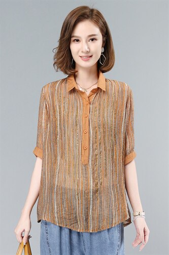 2021夏季新款气质翻领镶钻条纹短袖衬衫，女装衬衫，叶笙衣