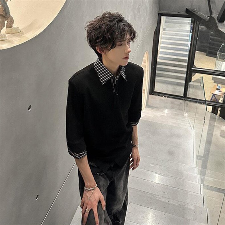 得物抖音高品质二开夏季美式潮牌假两件条纹衬衫翻领高街短袖T恤,男装T恤,电商A486