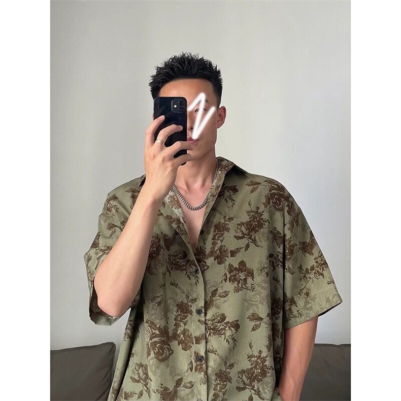 腰果花衬衫短袖夏季潮牌痞帅高级感翻领衬衣设计感情侣装五分袖,男装衬衫,星座218-1（原230）