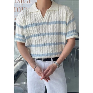 夏季白色翻领Polo衫条纹日系针织衫男短袖上衣T恤衫宽松 TZ90图片
