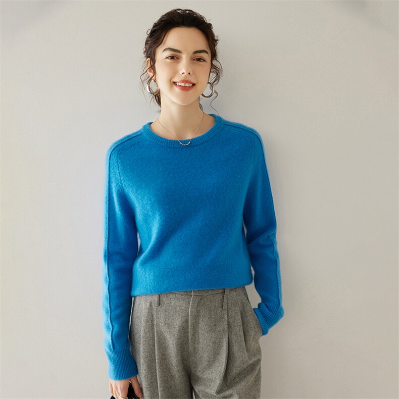 秋冬新款女士加厚山羊绒衫圆领套头羊绒毛衣女宽松内搭针织打底衫，女装羊绒衫，轩妮羊绒