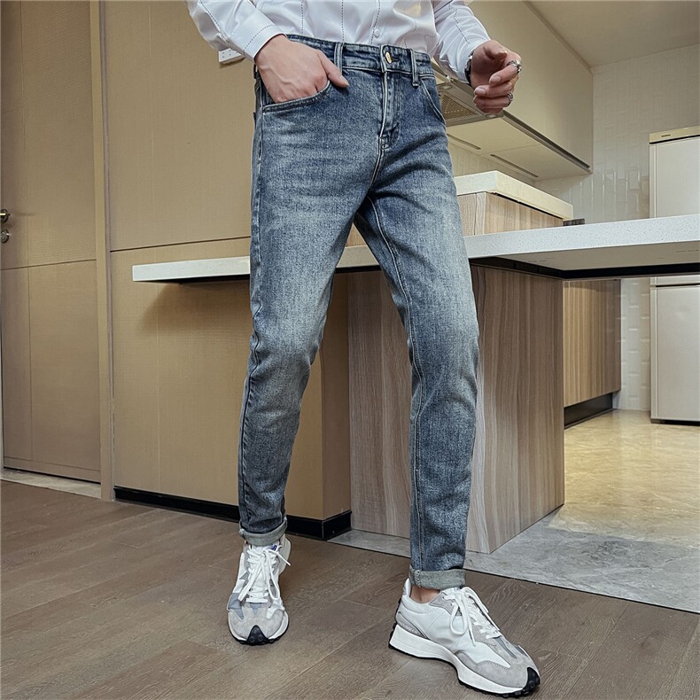 B230复古怀旧简约百搭浅蓝色修身牛仔长裤男长期有货款9359P85，男装休闲裤，电商B230