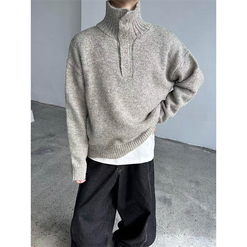 网图老钱风半高领毛衣男秋冬重磅800g纽扣针织衫外套-A2329TP68，男装针织衫/毛衣，电商B241