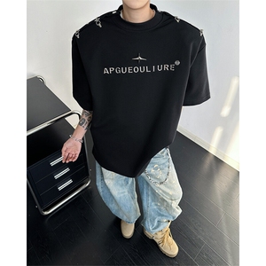 8XL-M夏季小众解构飞机扣一字肩设计稿短袖立体T恤卫衣男DX331P58图片