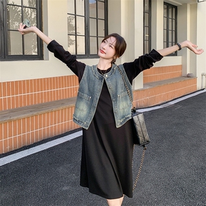 设计感黑色连衣裙马甲套装女2025年春秋季新款韩版显瘦长裙两件套图片