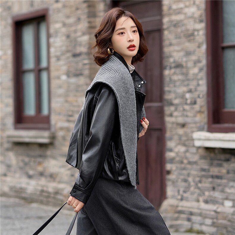 【冬季女装新款】时尚立领加绒保暖配毛线围巾皮衣外套P-150,女装皮衣,简古