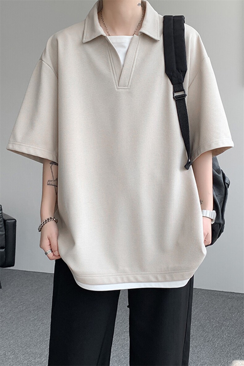 8XL-M假两件V领短袖t恤男夏翻领半袖宽松重磅华夫格大码DT001P40,男装T恤,电商B312