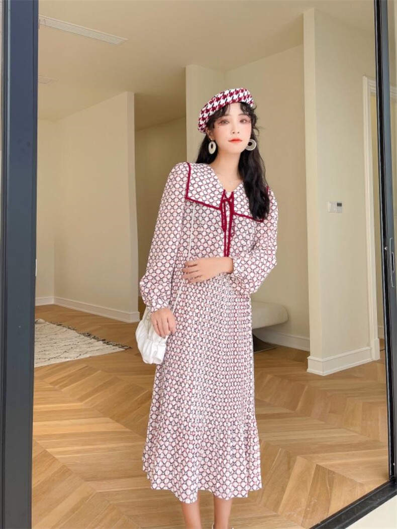 海军领碎花连衣裙，女装连衣裙，安玖拉