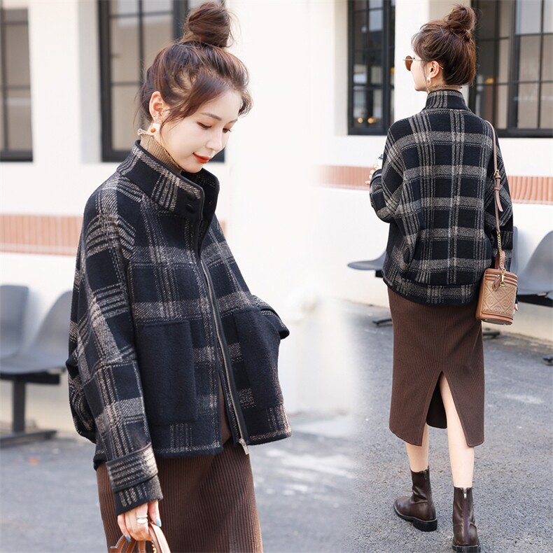 毛呢格子短外套女士2025新款大码女装秋冬夹棉加绒加厚小个子上衣，女装毛呢外套，欣美人