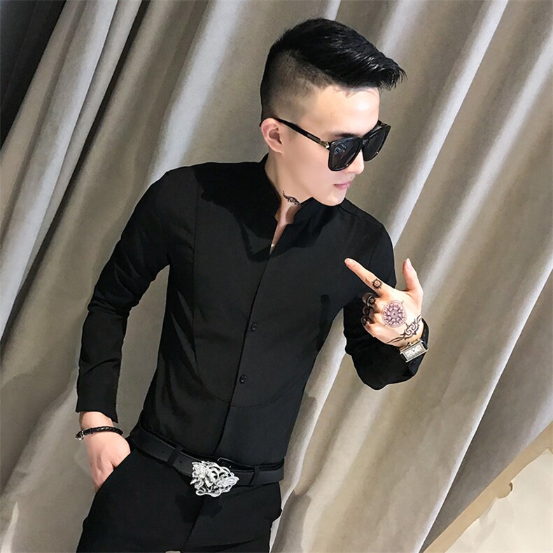 312A-836-P50新款立领纯色修身衬衫男发型师网红夜场工装衬衫-B，男装衬衫，星座312A-5