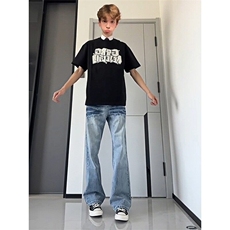 水洗蓝闪电裂纹牛仔裤男款cleanfit美式高街直筒微喇弯刀裤长裤子，男装牛仔裤，星座601-1