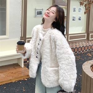 韩式chic白色皮毛一体外套女秋冬超火好看加绒加厚羊羔毛棉服夹克图片