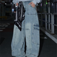 美式街头喷墨脏多口袋水洗牛仔裤女2025夏装新款废土风直筒阔腿裤，男装牛仔裤，星座506A