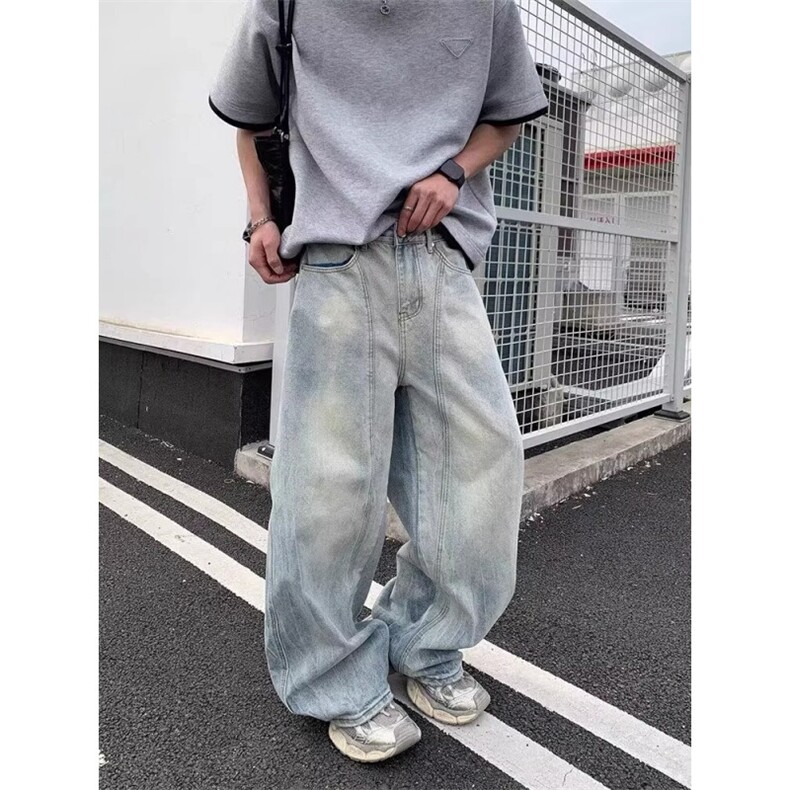 美式复古水洗做旧磨白牛仔裤男女高街潮牌宽松休闲百搭显瘦长裤潮,男装牛仔裤,星座516A