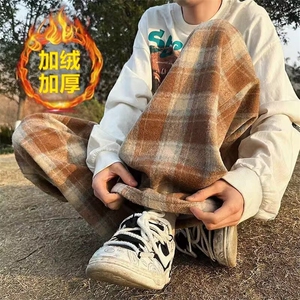 格子裤男秋冬加绒潮流宽松直筒裤美式垂感阔腿休闲长裤MK870 P49图片