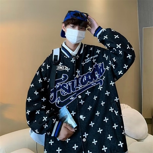 美式高街复古刺绣四叶草牛仔外套女男W34P65图片