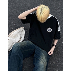 夏季美式高街重磅纯棉三条杠织带撞色男女短袖T恤ZD624-特P30，男装T恤，电商A486-1