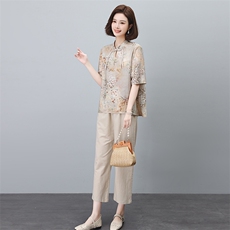 新中式国风棉麻套装女2025夏装新款时尚中年妈妈阔腿裤亚麻两件套，女装套装/套裙，依恋蒂丝