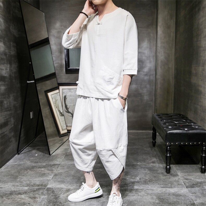 W57P75室内风2024春夏装新款亚麻风大口袋七分套装盘扣刺绣,男装T恤,电商A026