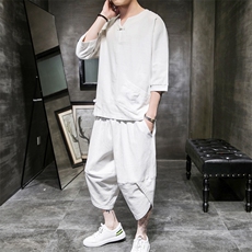 W57P75室内风2024春夏装新款亚麻风大口袋七分套装盘扣刺绣，男装T恤，电商A026