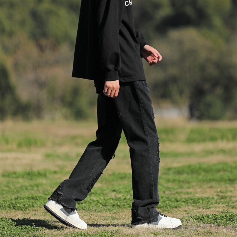 秋款男牛仔裤流苏补丁猫须纯色休闲长裤NK670P45,男装牛仔裤,星座1013-1