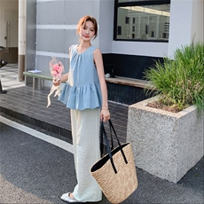 盐甜系穿搭花边无袖背心套装夏新款女休闲显瘦肌理感阔腿裤两件套，女装套装/套裙，2C203