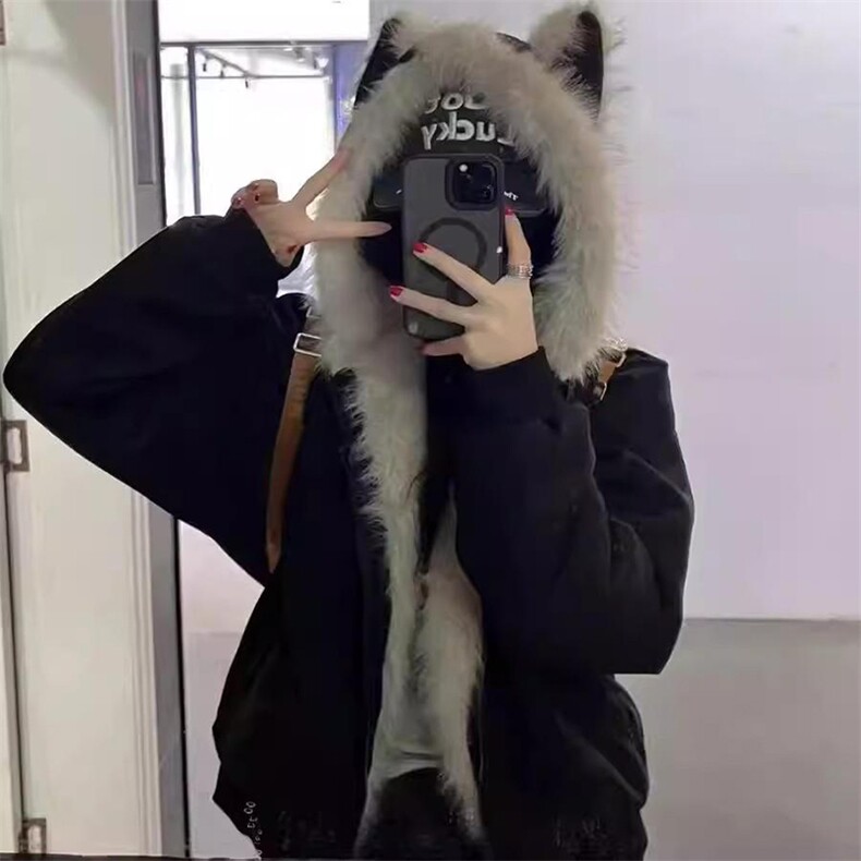 现货重磅硬挺boxy羽绒棉衣座山雕猫耳大毛毛领麂皮棉服冬外套，男装棉衣，电商A486