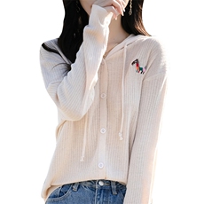25春秋精纺羊毛开衫女坑条连帽刺绣小马针织毛衣外套宽松帽衫上衣，女装针织衫/毛衣，佳绒包芯纱店