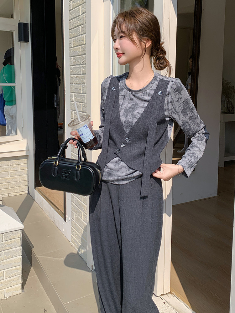 开春穿搭ootd一整套女超火高级感假两件拼接印花上衣阔腿裤两件套,女装套装/套裙,浙宝069