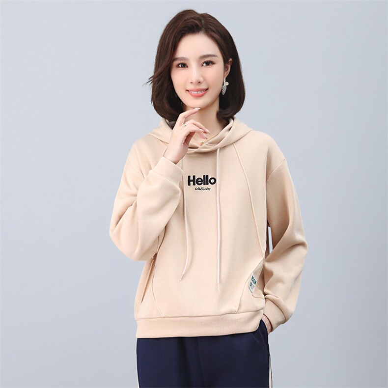 休闲连帽卫衣女春秋新款时尚刺绣印花小个子中年妈妈款长袖上衣,女装卫衣/绒衫,涵誉