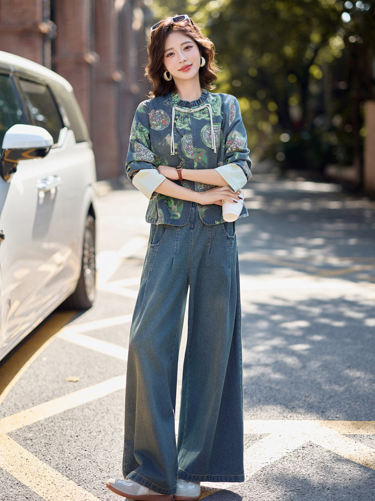 新中式国风牛仔套装女2025秋新款又酷又飒的chic高级感休闲两件套,女装套装/套裙,欣品汇