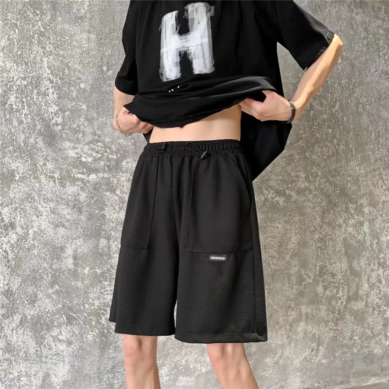 夏季休闲短裤男ins潮牌纯色简约撞色拼接宽松直筒垂感五分运动裤,男装牛仔裤,四季星座505
