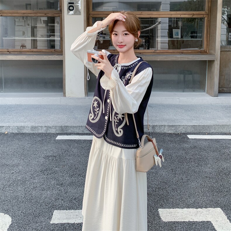 新品【设计感】刺绣马甲+连衣裙两件套F9803--P185--K258,女装套装/套裙,2C253