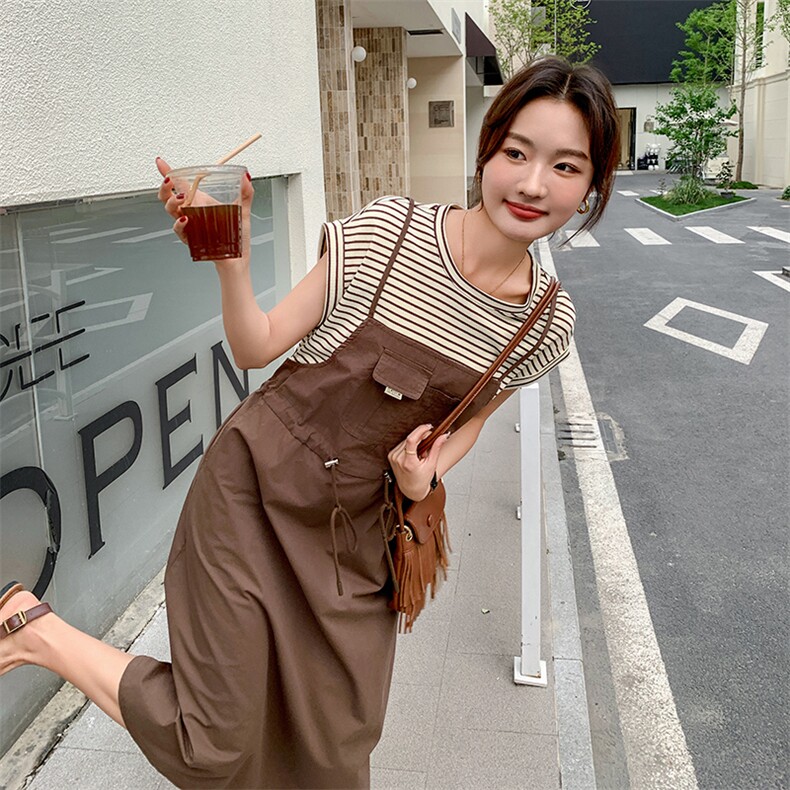 条纹拼接假两件连衣裙女2024年夏季新款今年流行时尚收腰气质裙子,女装连衣裙,辉之琳