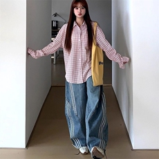 街头条纹拼接牛仔裤女春秋季新款设计感三条杠解构弯刀阔腿长裤潮，男装牛仔裤，星座506A