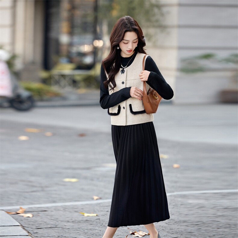 韩系高级感呢料马甲+针织打底百褶裙套装女2026春装新款两件套，女装套装/套裙，涵墨